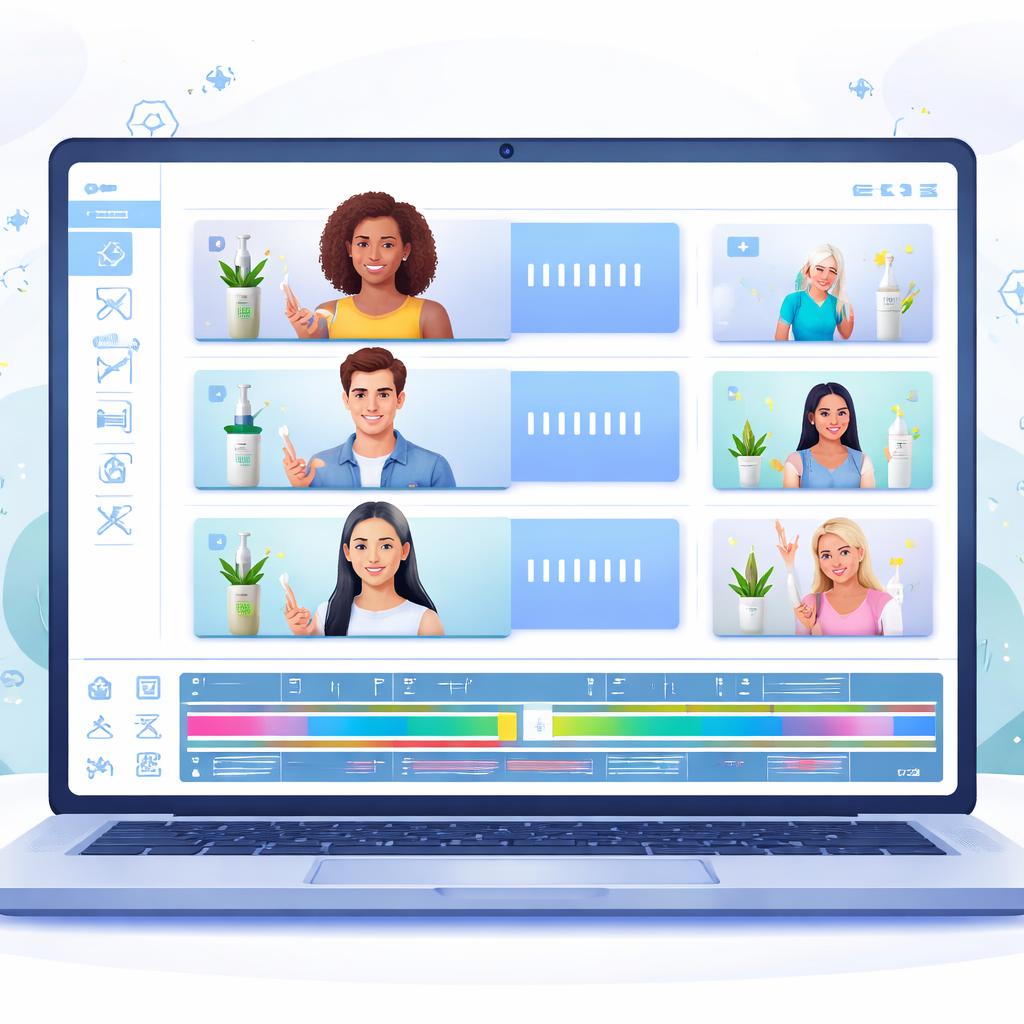 A stylized laptop screen showing a video editing timeline with multiple AI avatars