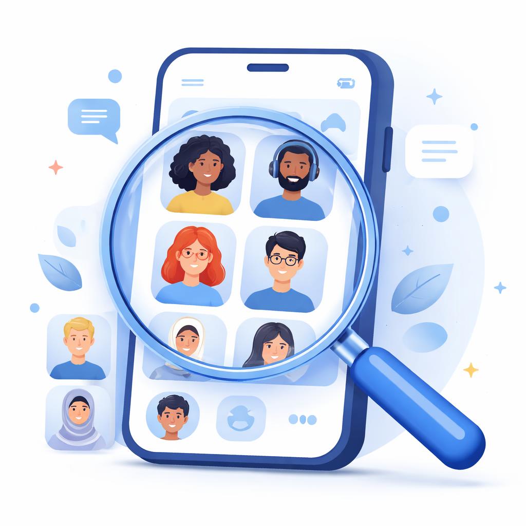 A magnifying glass focusing on AI avatars representing transparency