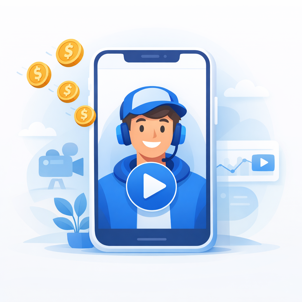 Stylized phone showing video creator and savings