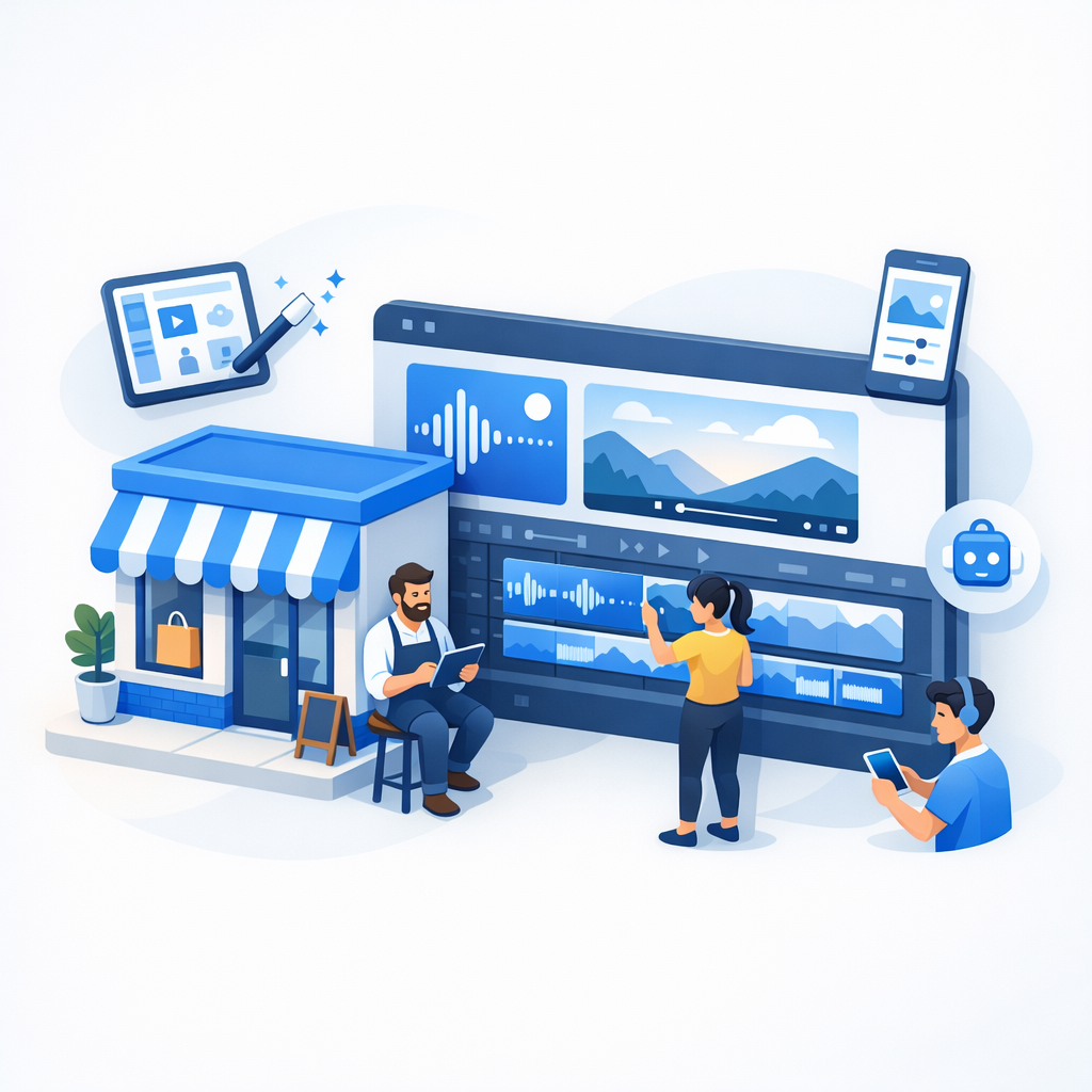 Isometric shop with video editing timeline