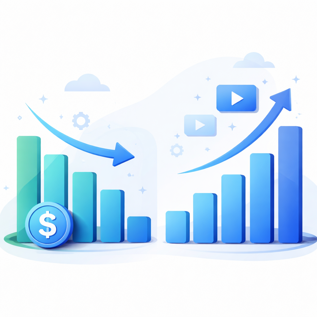 A stylized bar chart showing costs dropping and video volume increasing significantly.