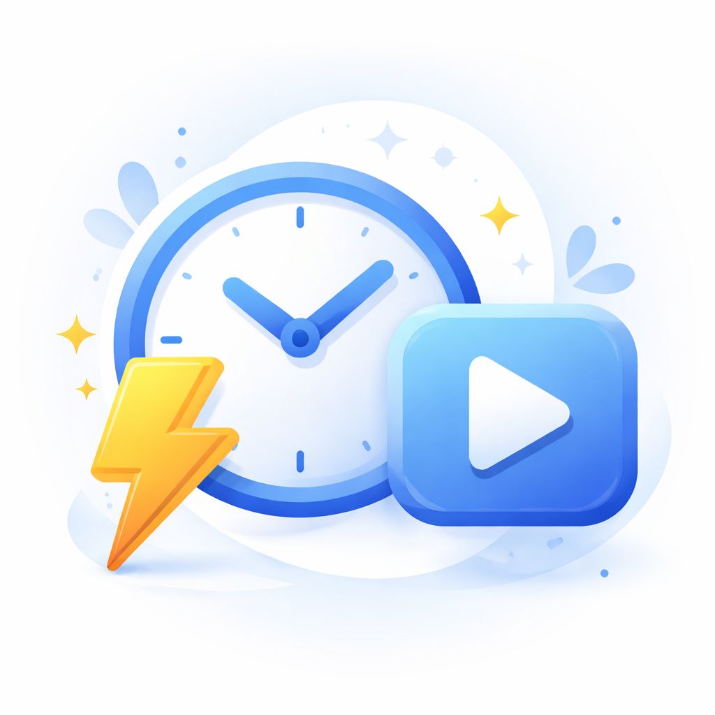 A stylized clock with a lightning bolt next to a video play icon, representing instant content creation.