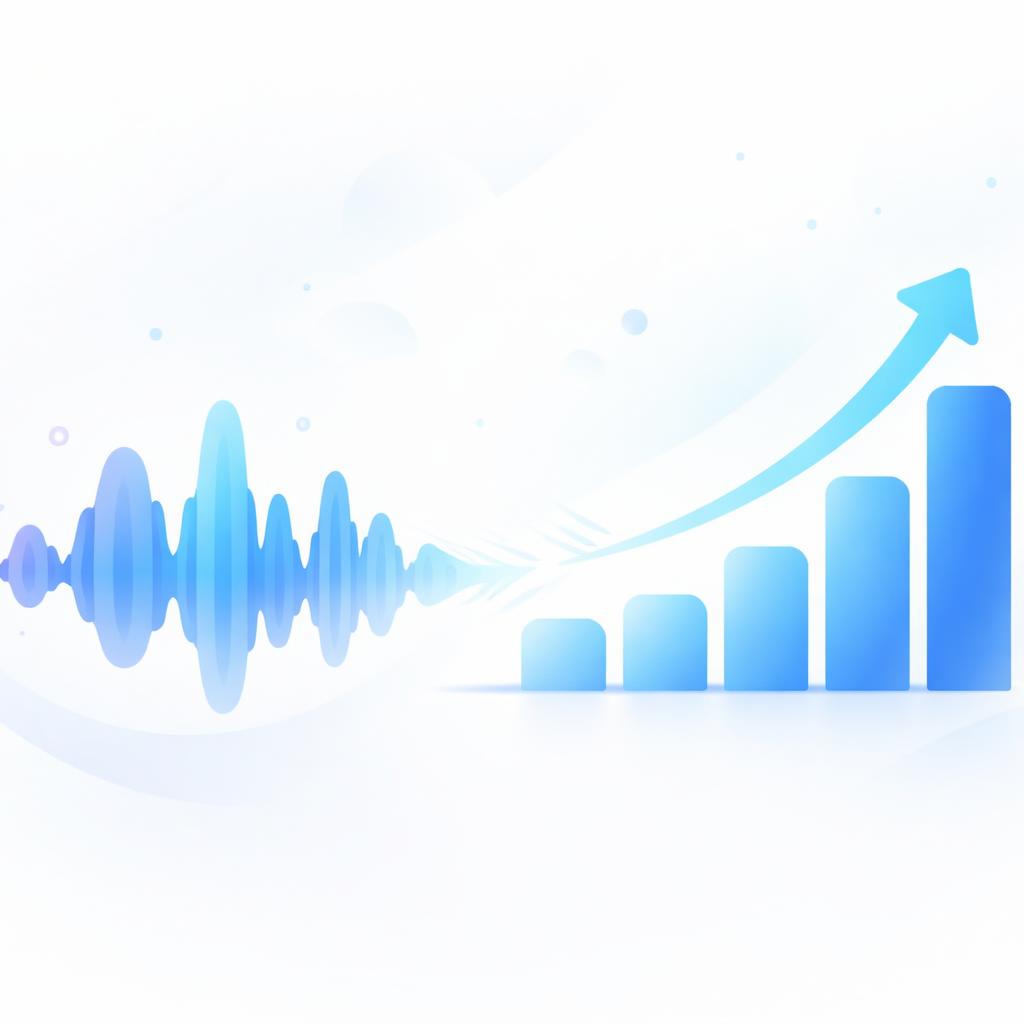 A sound wave morphing into a rising sales growth chart representing AI voiceover strategy success.