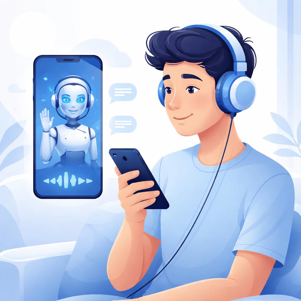 A person wearing headphones interacting with a smartphone displaying an AI avatar video, showing the connection between voice and user experience.