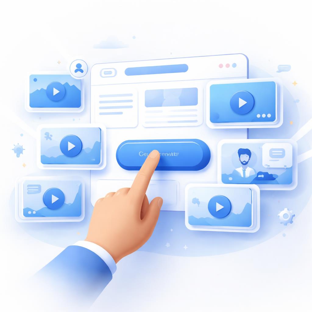 Batching AI UGC variations for Shopify ads A hand clicking a generate button with multiple video thumbnails appearing in an organized flow