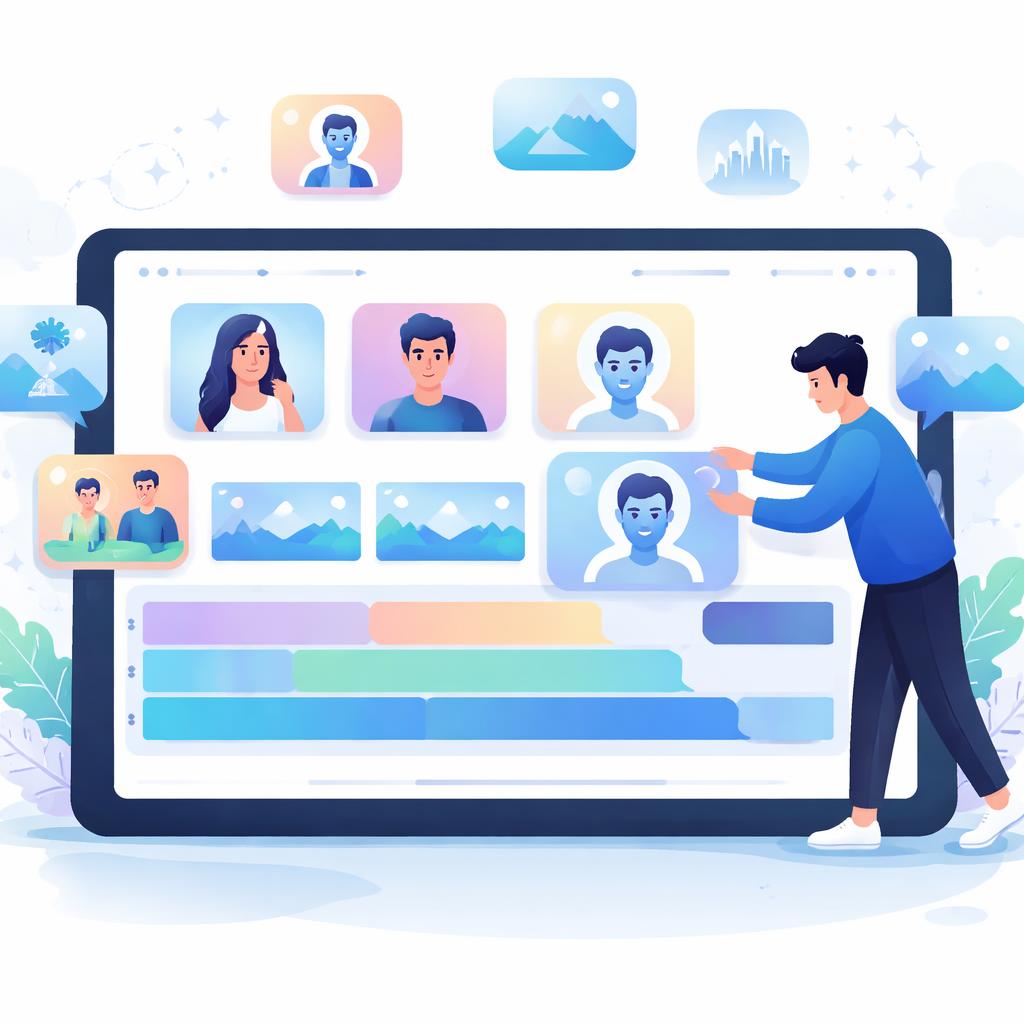 A professional SaaS-style illustration of a video editing timeline being used to create AI UGC for non-glamorous niches. Video timeline editor