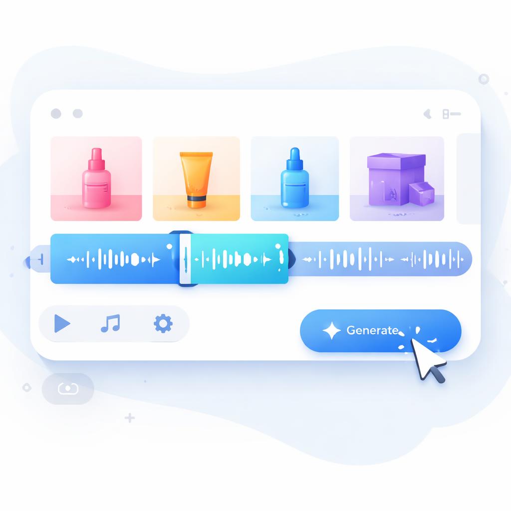 A stylized video timeline showing multiple products being edited into a single UGC video