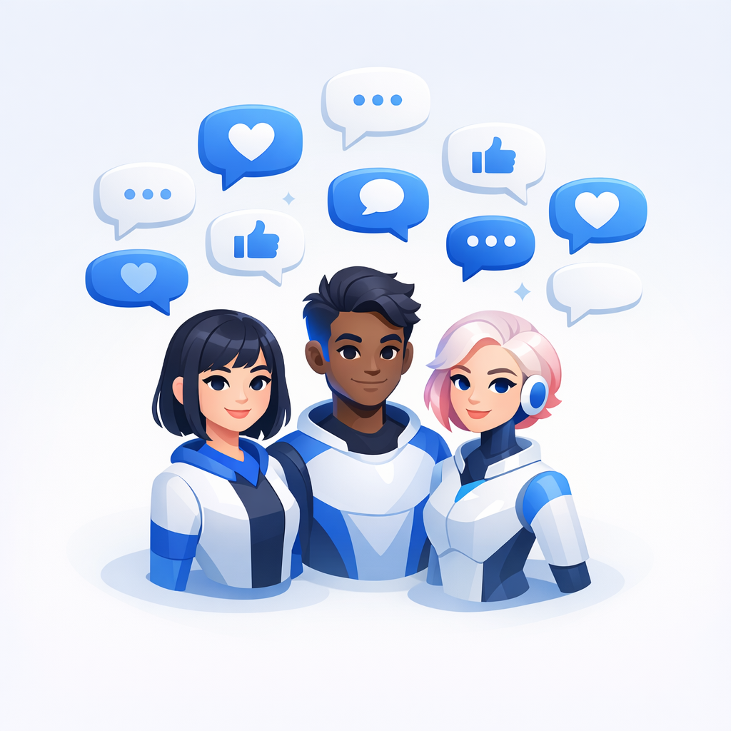 Stylized AI creators with floating comment bubbles