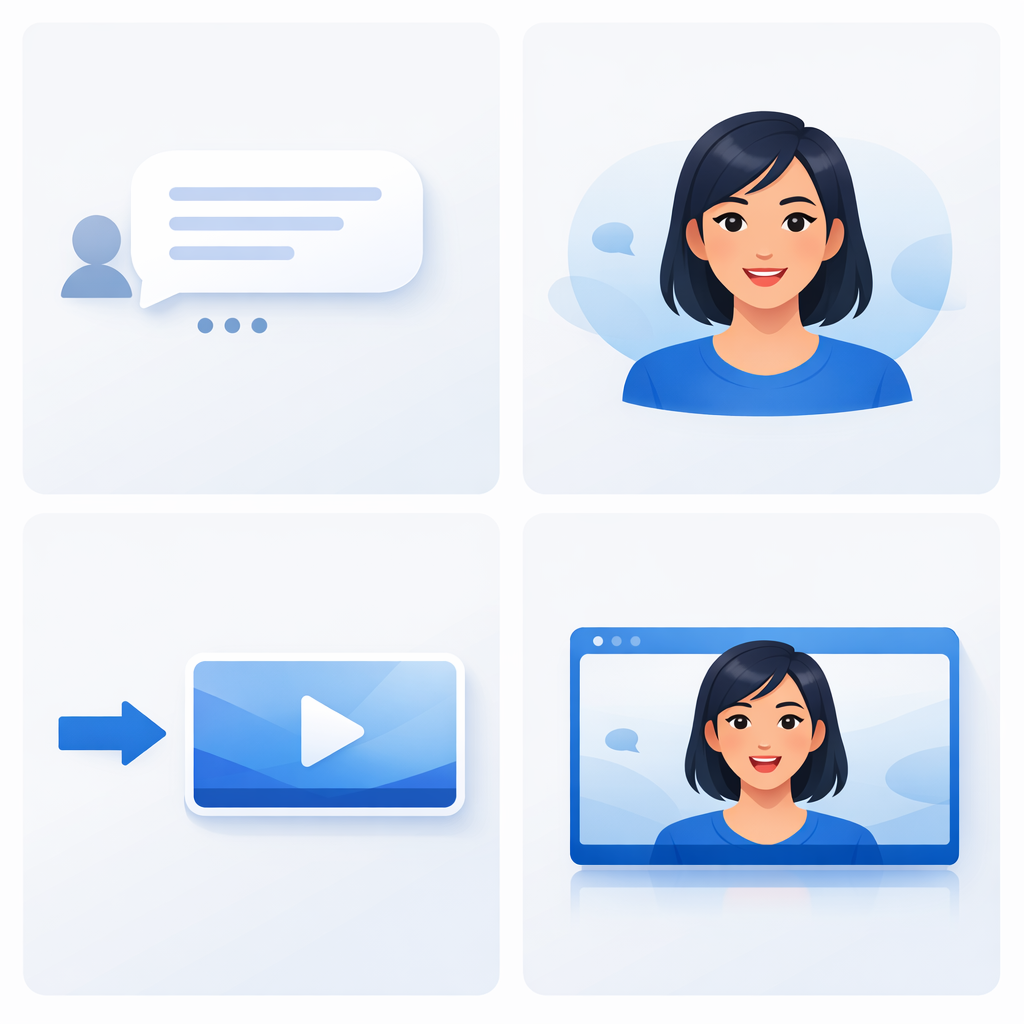 A grid showing a stylized text comment being converted into a video of an AI avatar speaking