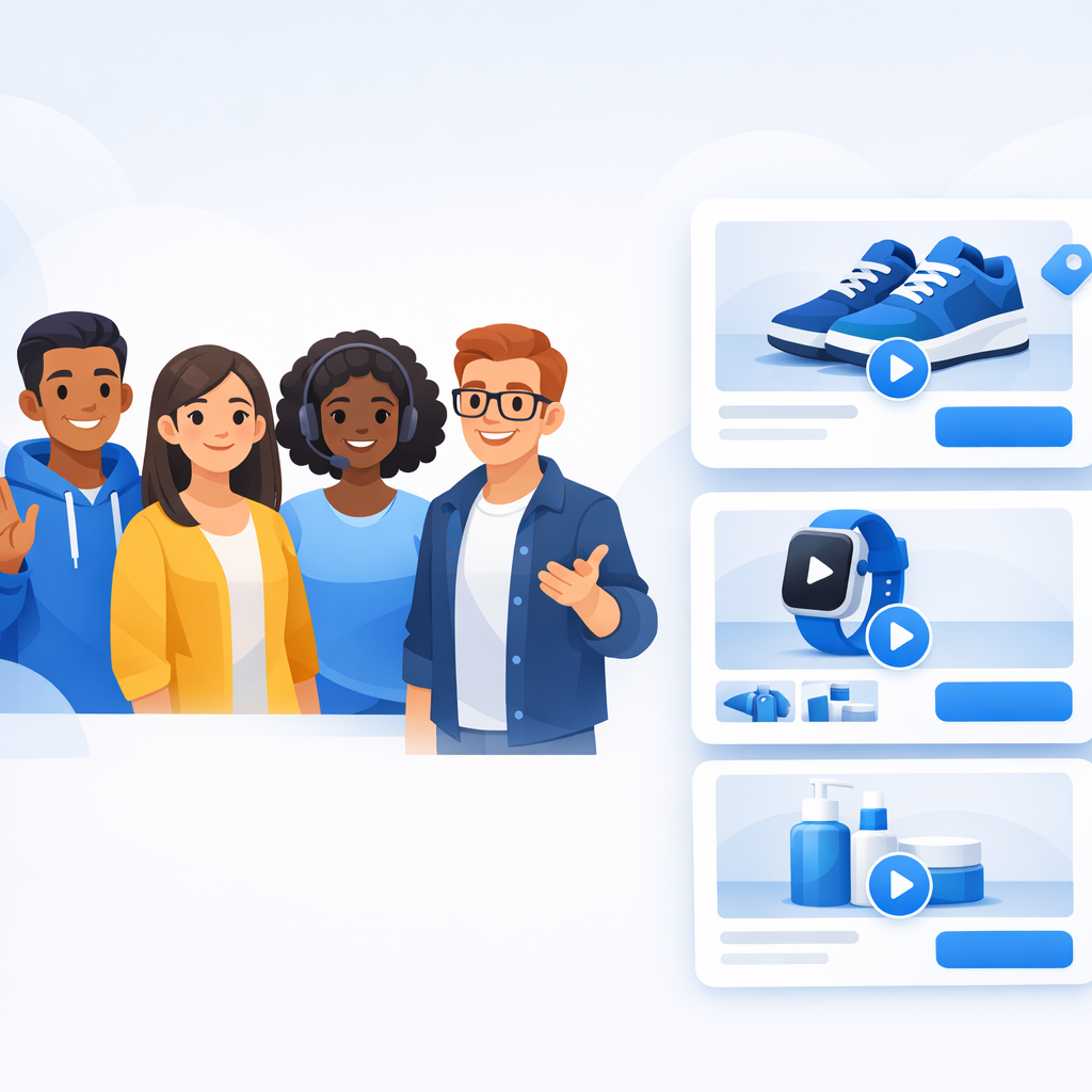 A group of diverse, friendly stylized AI avatars standing next to Shopify product cards.