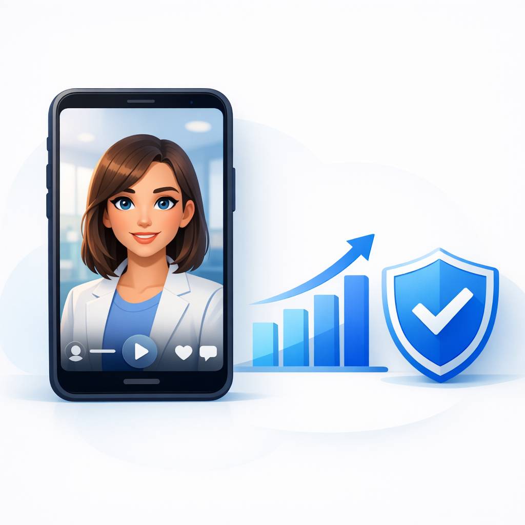 Building Trust with AI UGC Comparison Videos A mobile phone showing a vertical video of an AI avatar with a trust shield