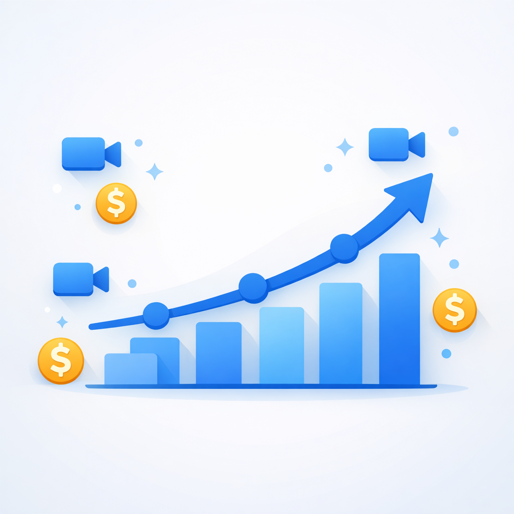 A growth chart showing rising ROI through high-volume AI UGC creative testing ROI Growth Chart for Video Marketing