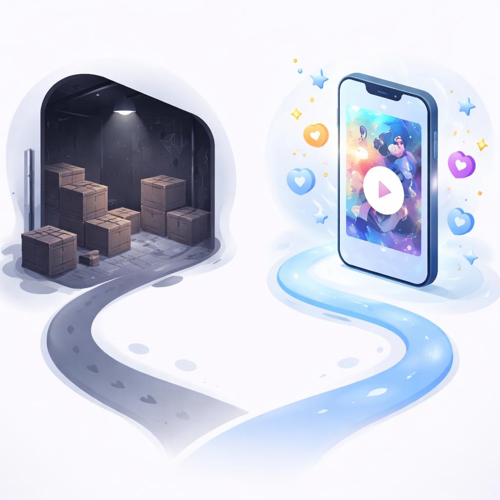 Testing Shopify product demand with AI vs traditional inventory A comparison between a dark warehouse and a vibrant AI UGC video
