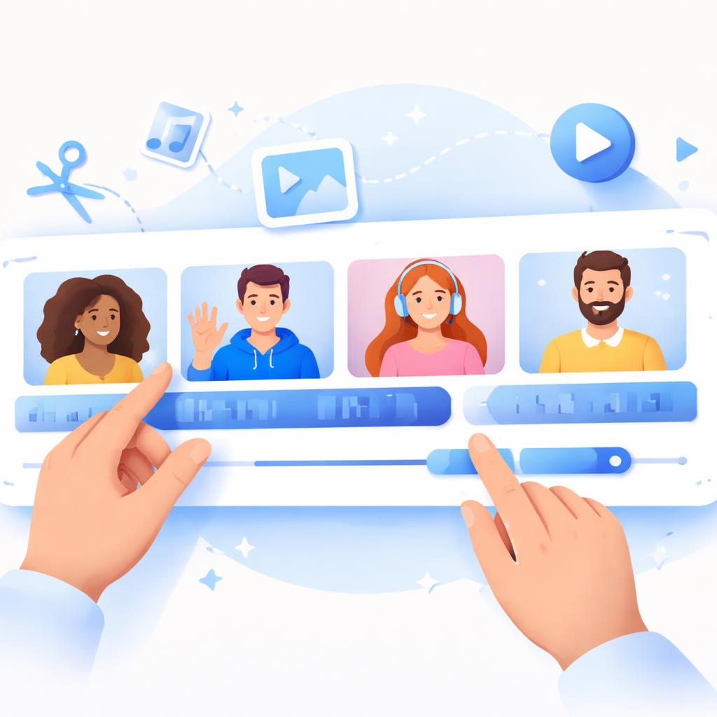A stylized video timeline showing different avatar segments being edited