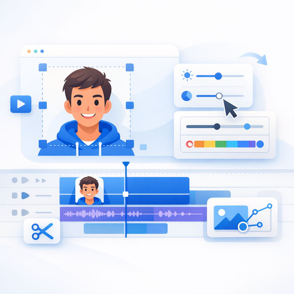 A founder-type avatar being edited on a professional video timeline