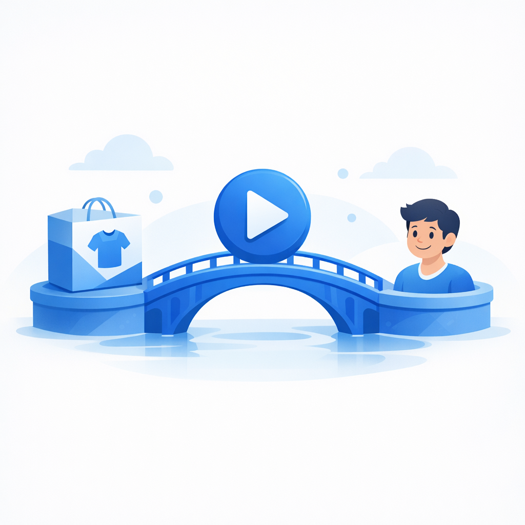 A stylized blue bridge connecting a Shopify product box to a smiling customer