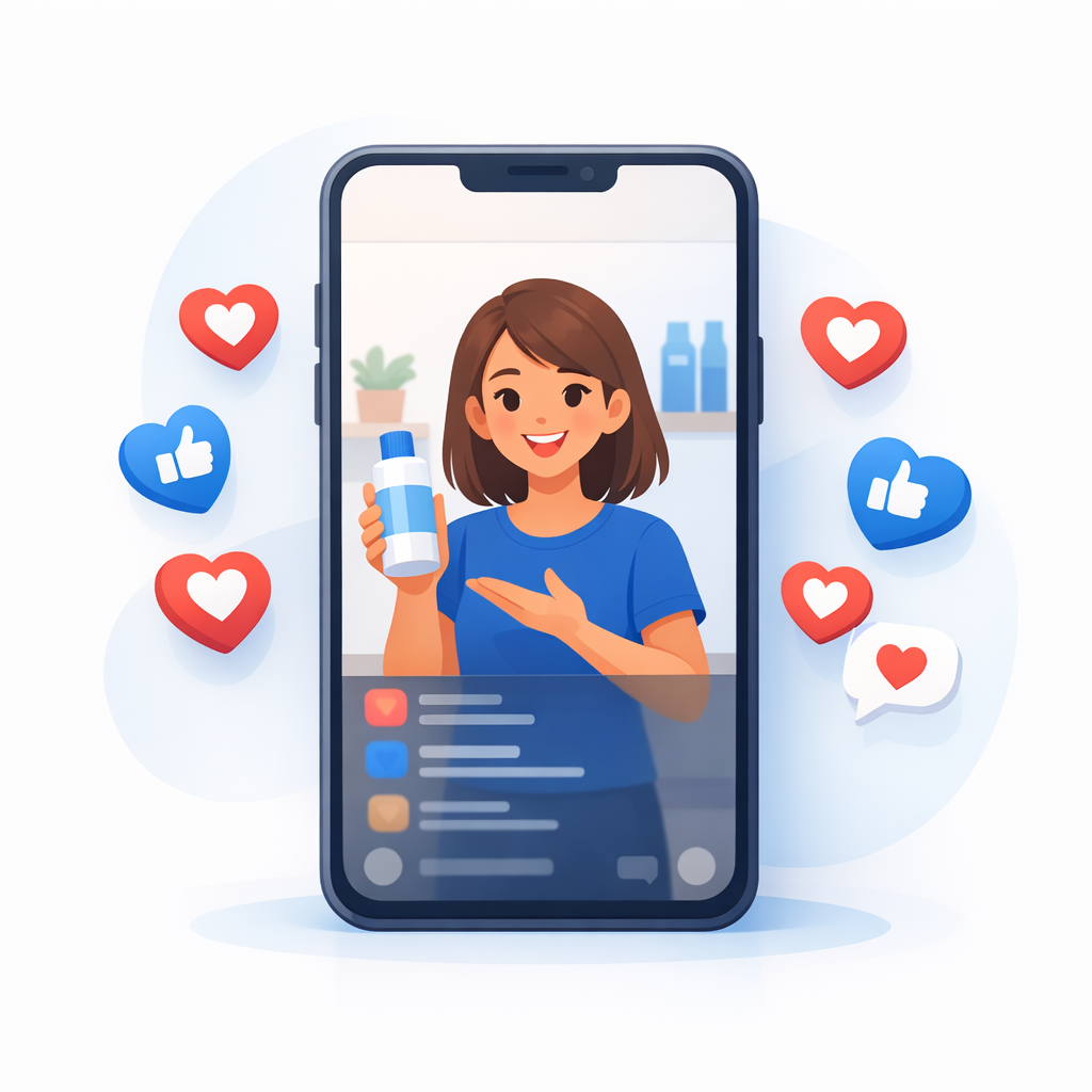 A mobile phone screen showing a vertical UGC video feed with a friendly avatar