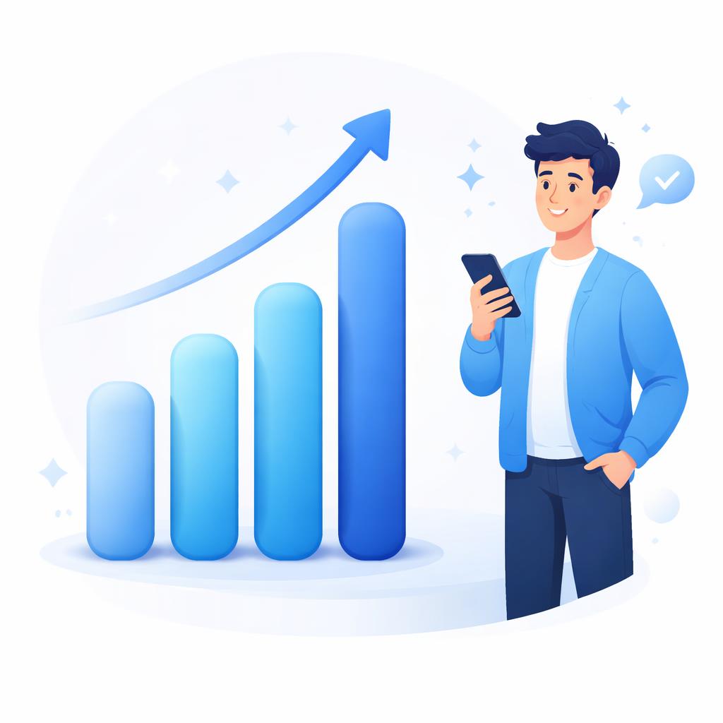 A growth chart made of 3D-looking rounded bars in shades of blue with a stylized creator.