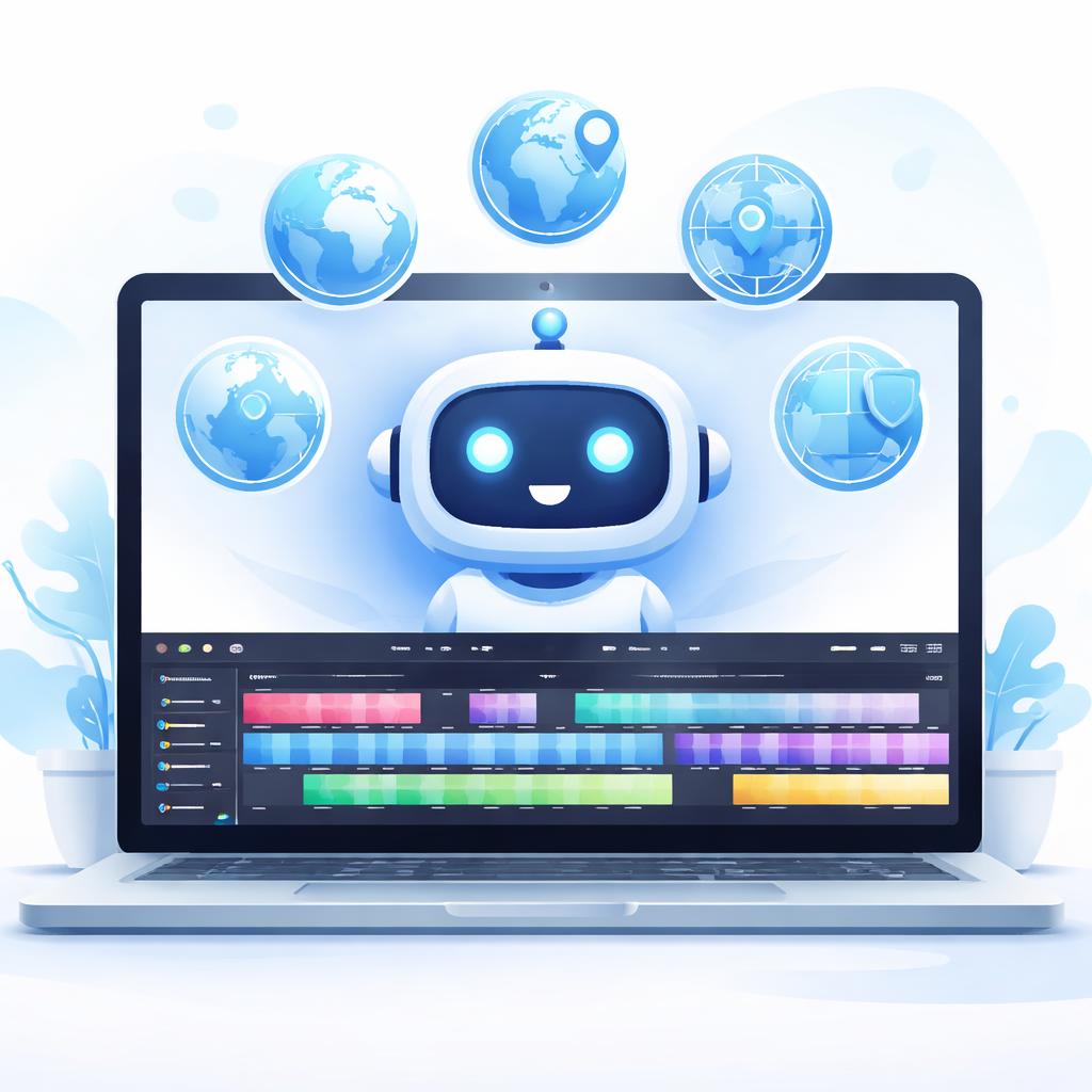 A stylized illustration of a laptop screen showing a video editing timeline with globe icons.