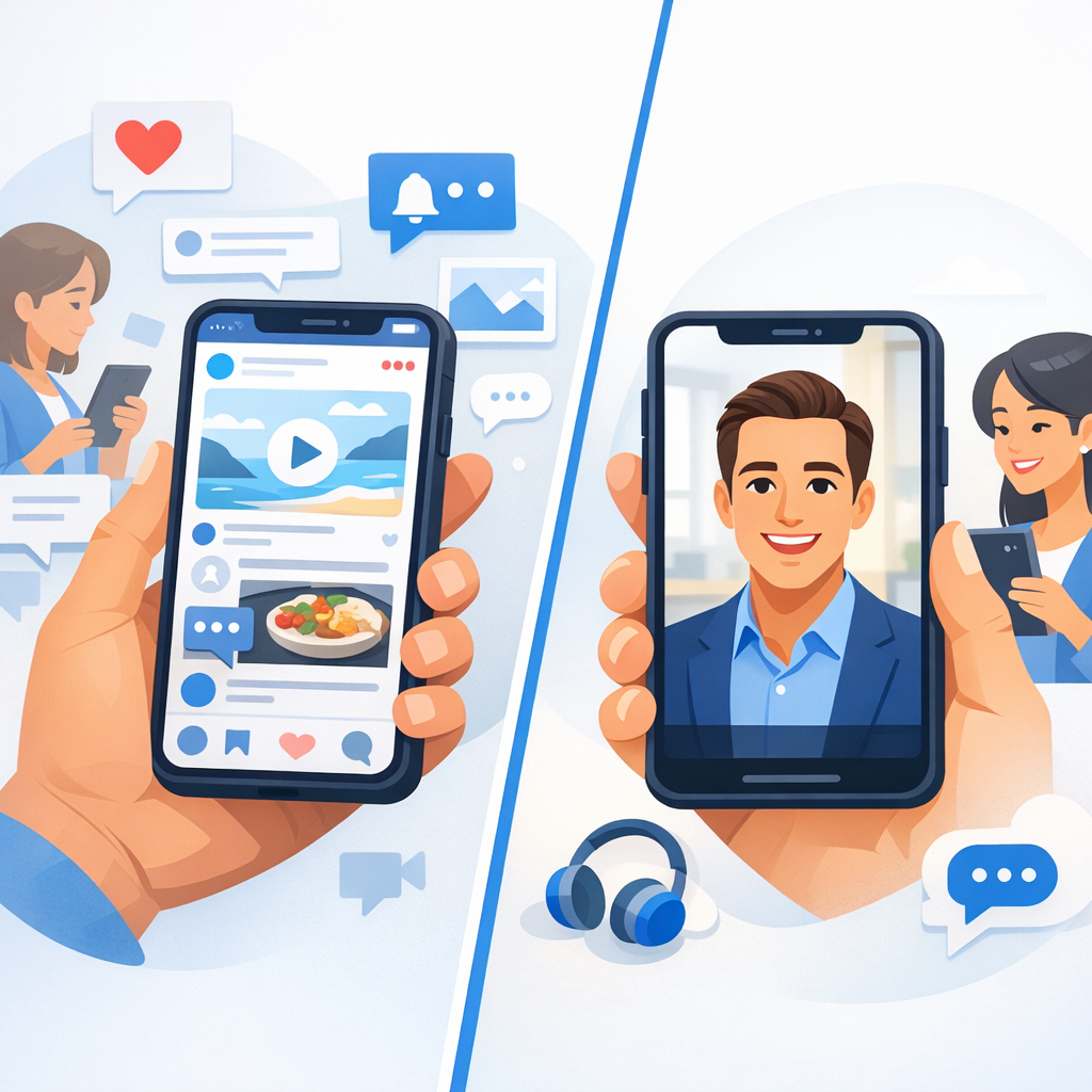 A comparison between generic social feeds and a focused, professional video concierge message.