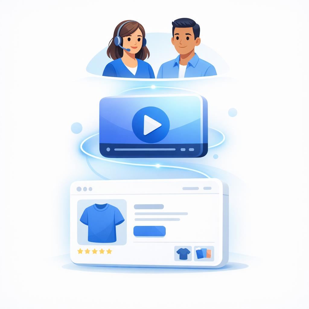 A trust-stack illustration showing how video and professional avatars build e-commerce authority.