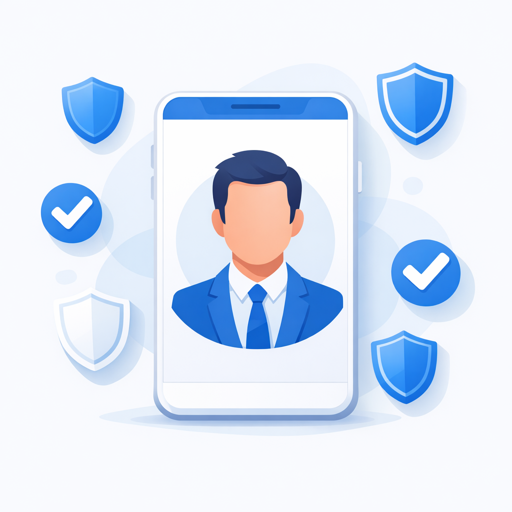 A stylized professional avatar on a phone screen representing trust and authority