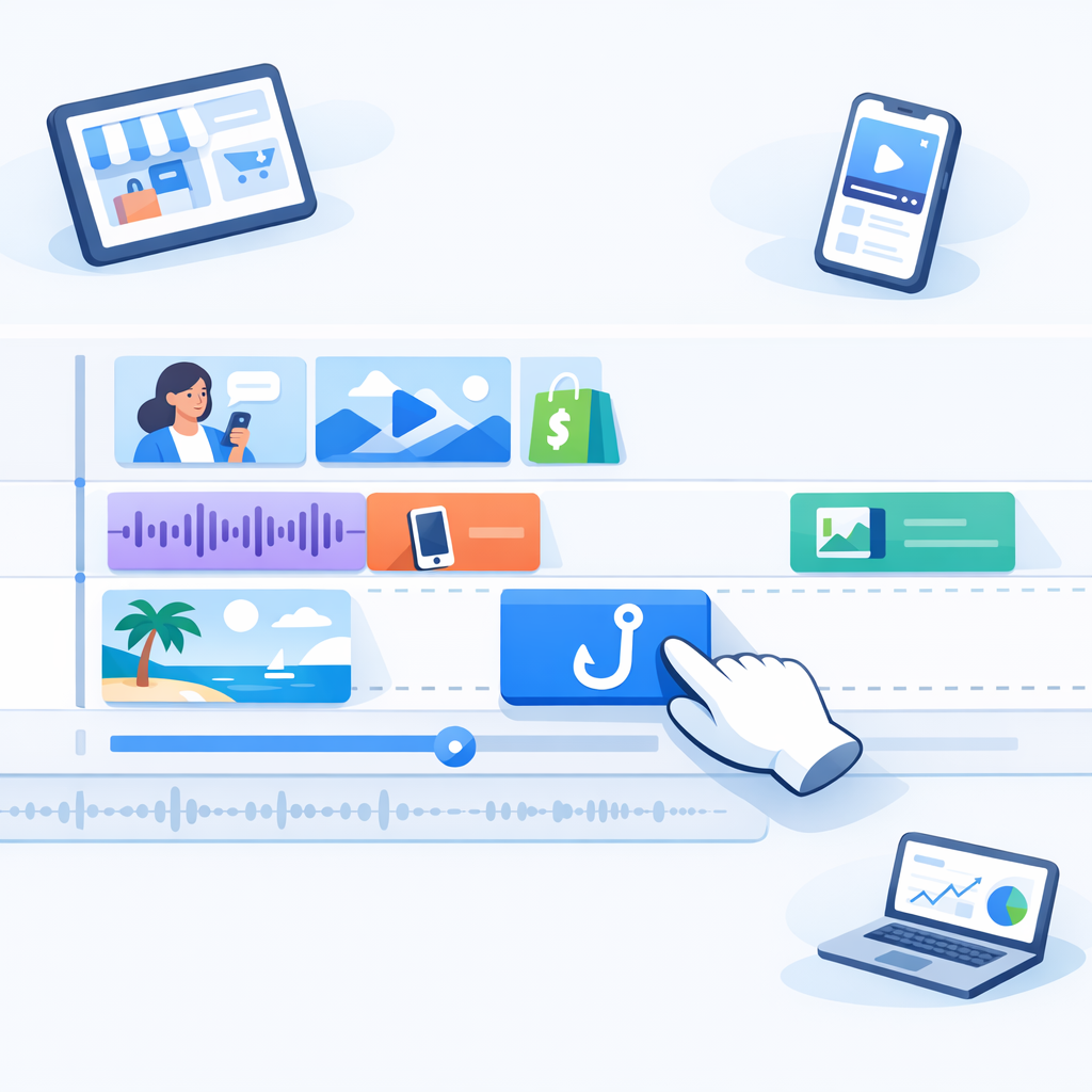 An isometric view of a video timeline editor showing a hook block being swapped.