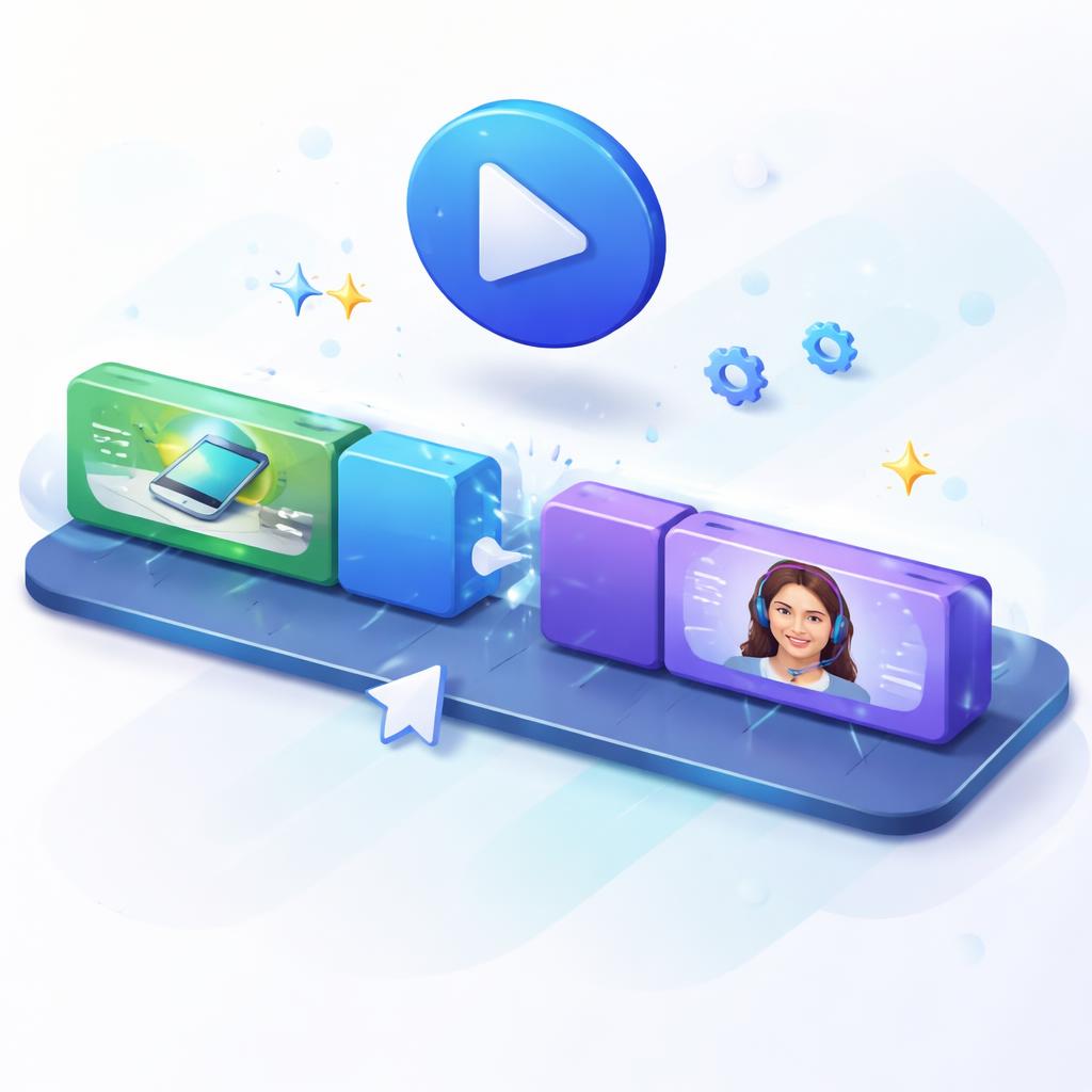 A stylized video editing timeline showing real footage and AI segments merging.