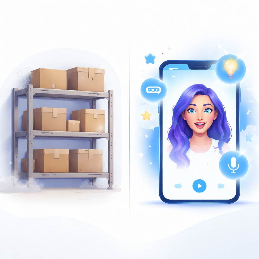 A comparison between dusty warehouse shelves and a vibrant AI creator video AI UGC vs Traditional Inventory Clearance