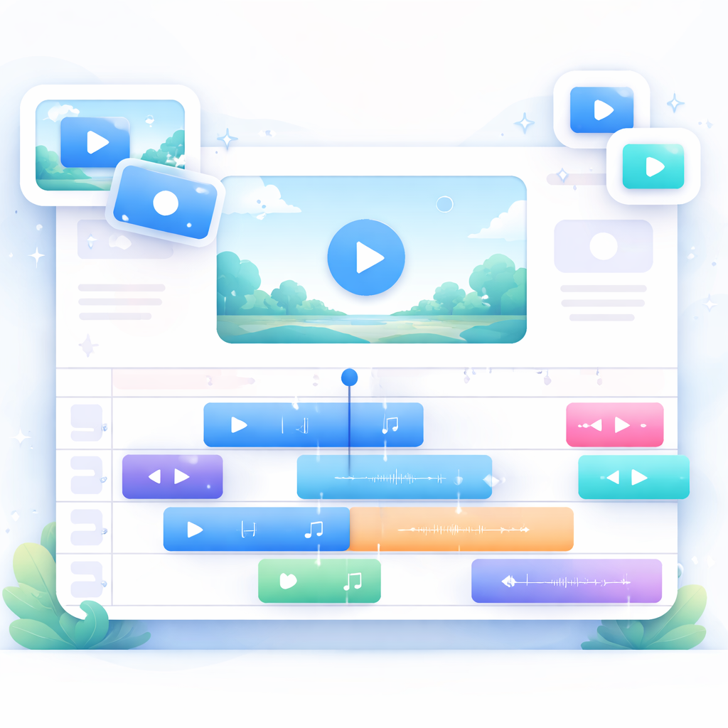 Stylized illustration of a video timeline editor for creating fast-paced ads Using the timeline editor for clearance ads