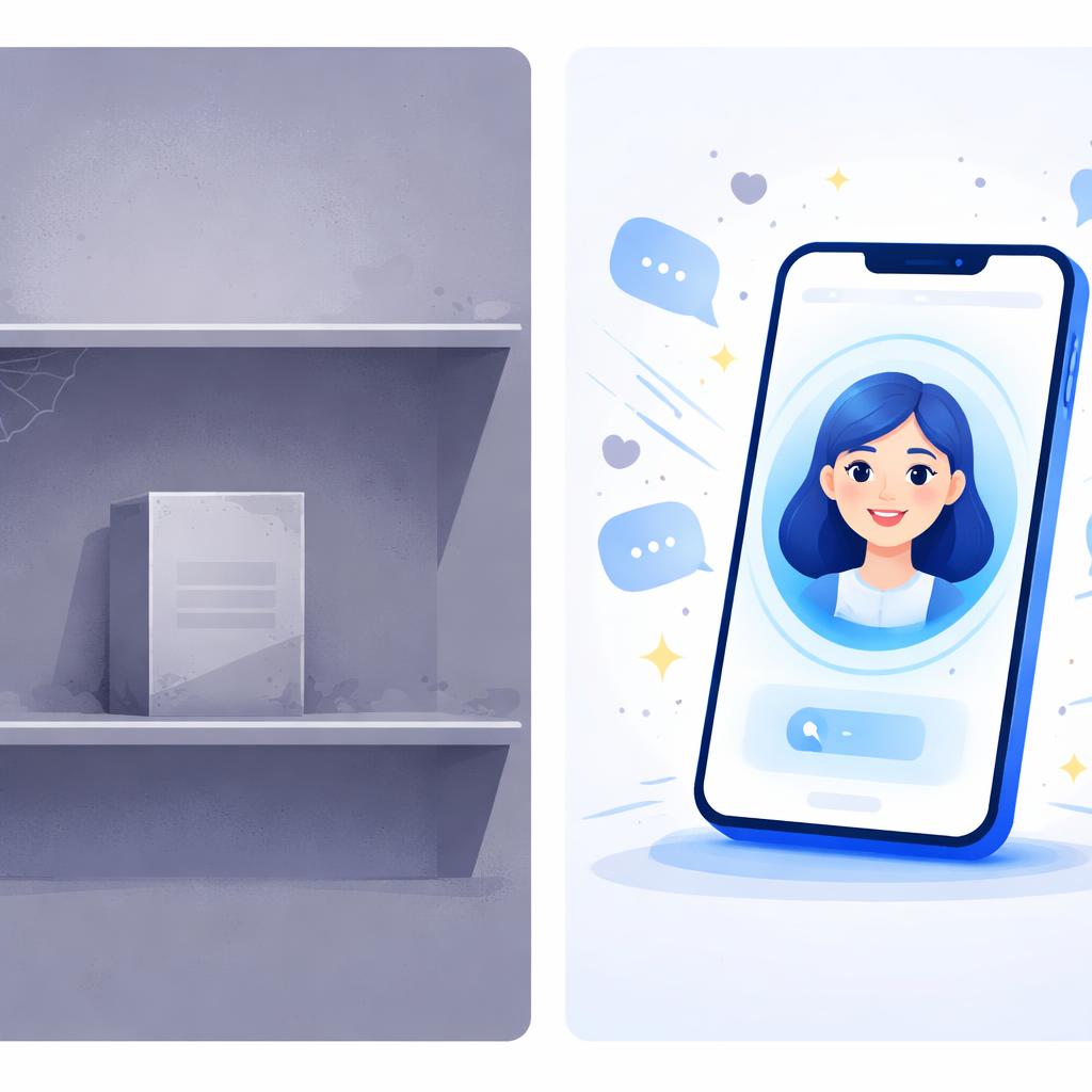 A comparison between a dusty shelf and a vibrant AI video