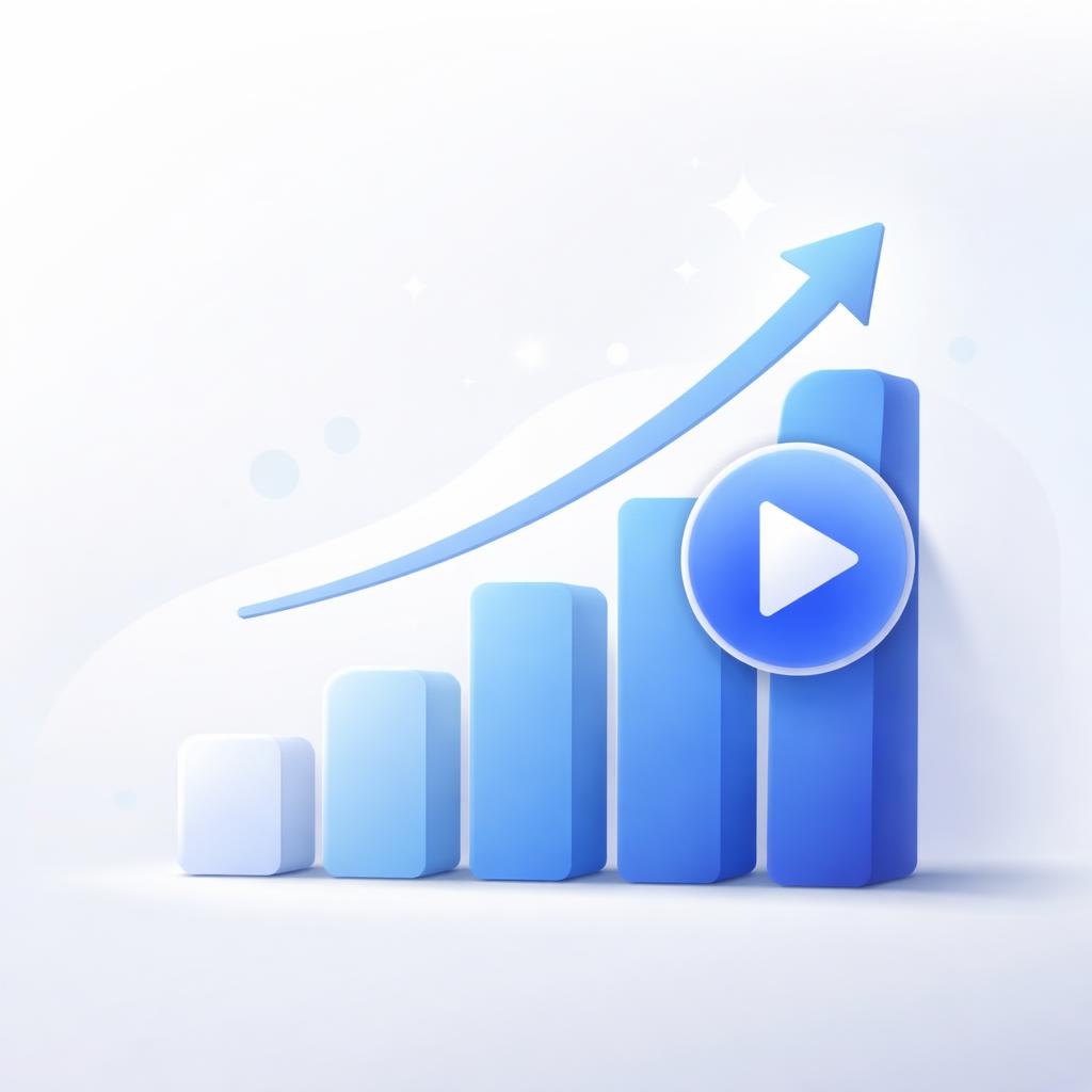 A professional bar chart showing upward growth with a play button icon.