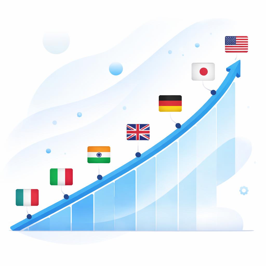 A growth chart with national flags indicating international expansion success
