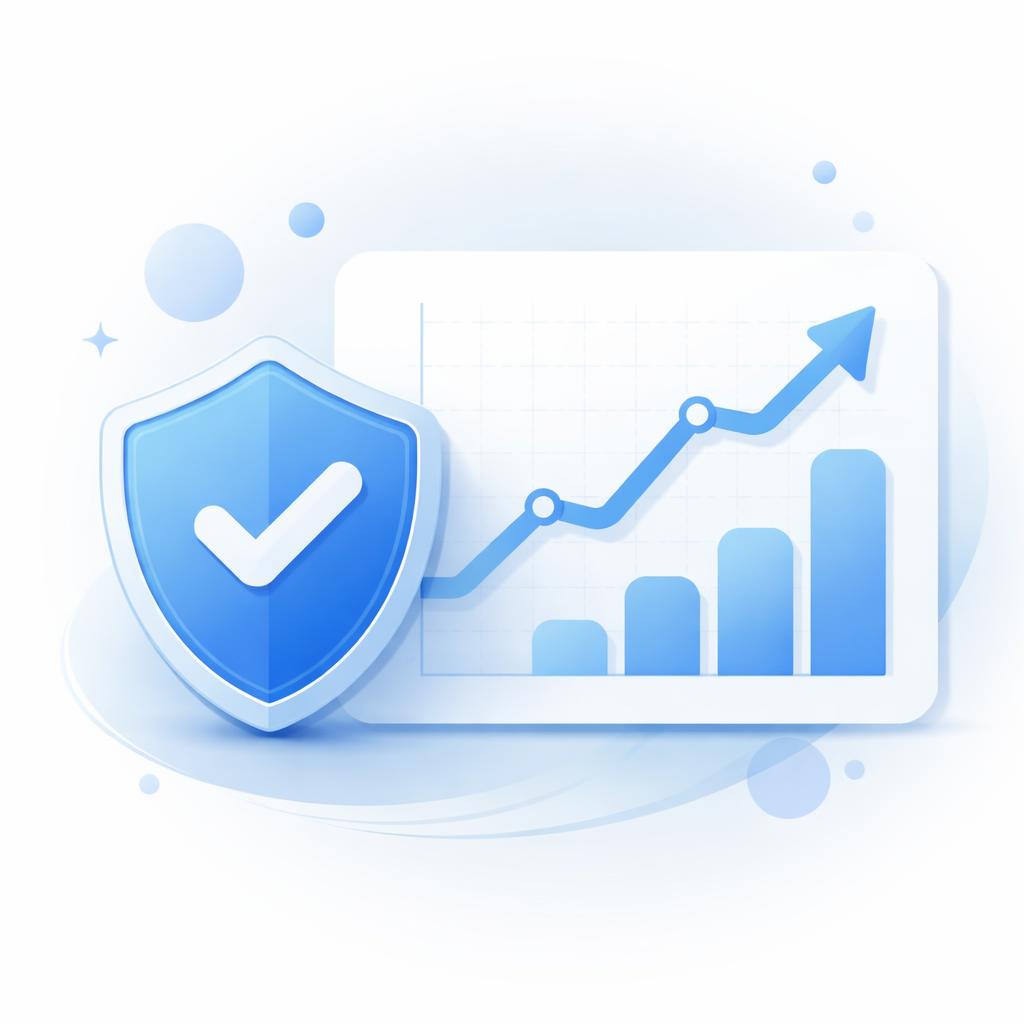 A trust shield icon and a rising graph representing conversion rates