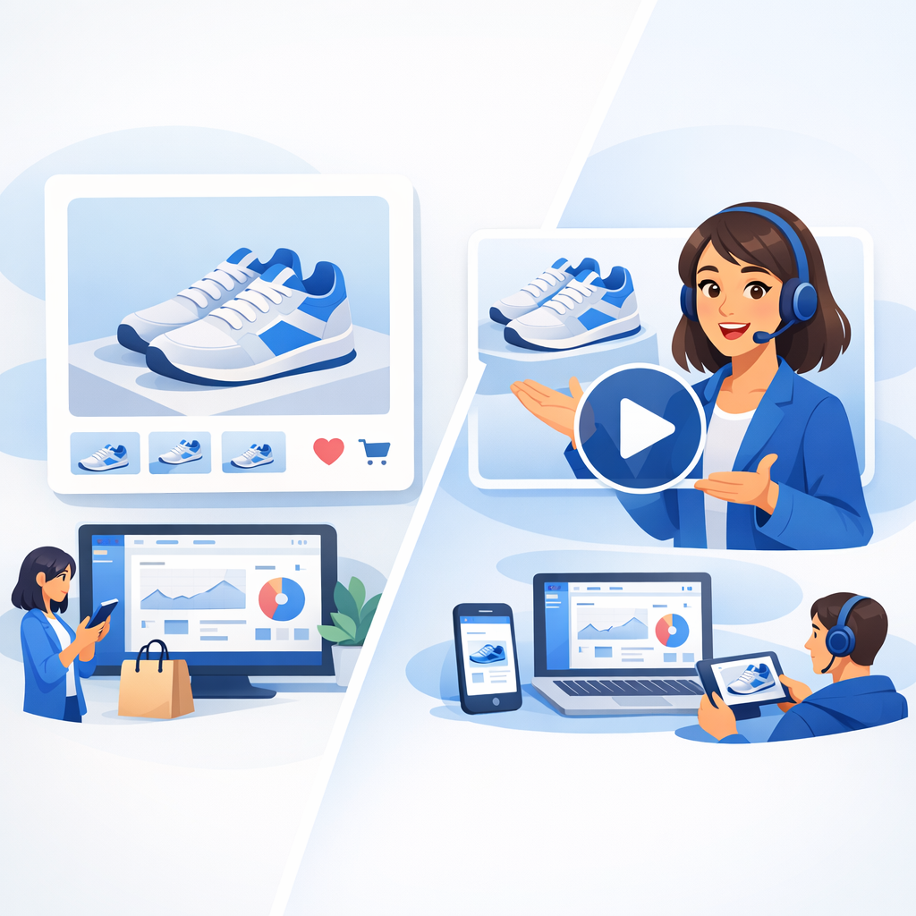Comparison between a static product photo and an animated AI avatar presenting the product.