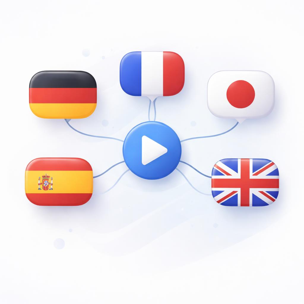 A central video play button branching out into stylized national flags representing global expansion.