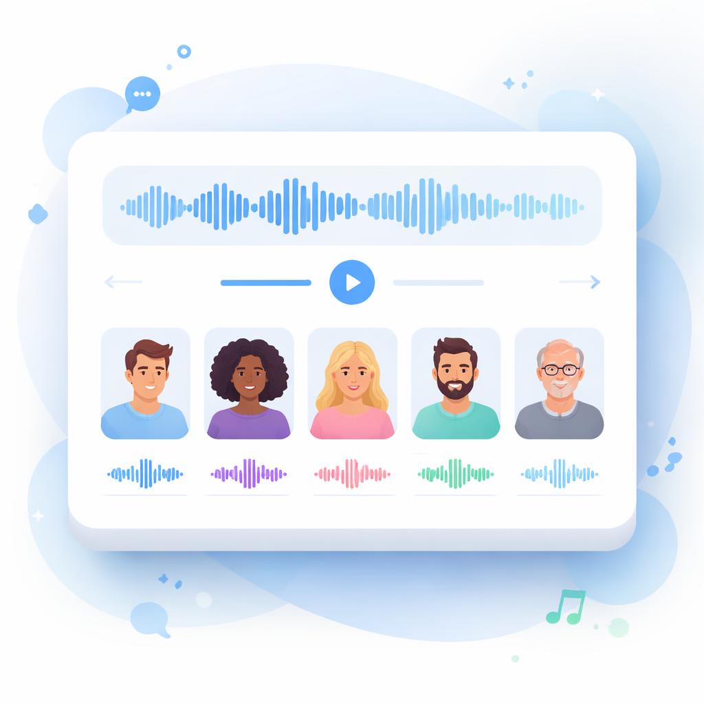 An illustration of a dashboard showing a voice selection interface with waveforms and face icons for different accents.