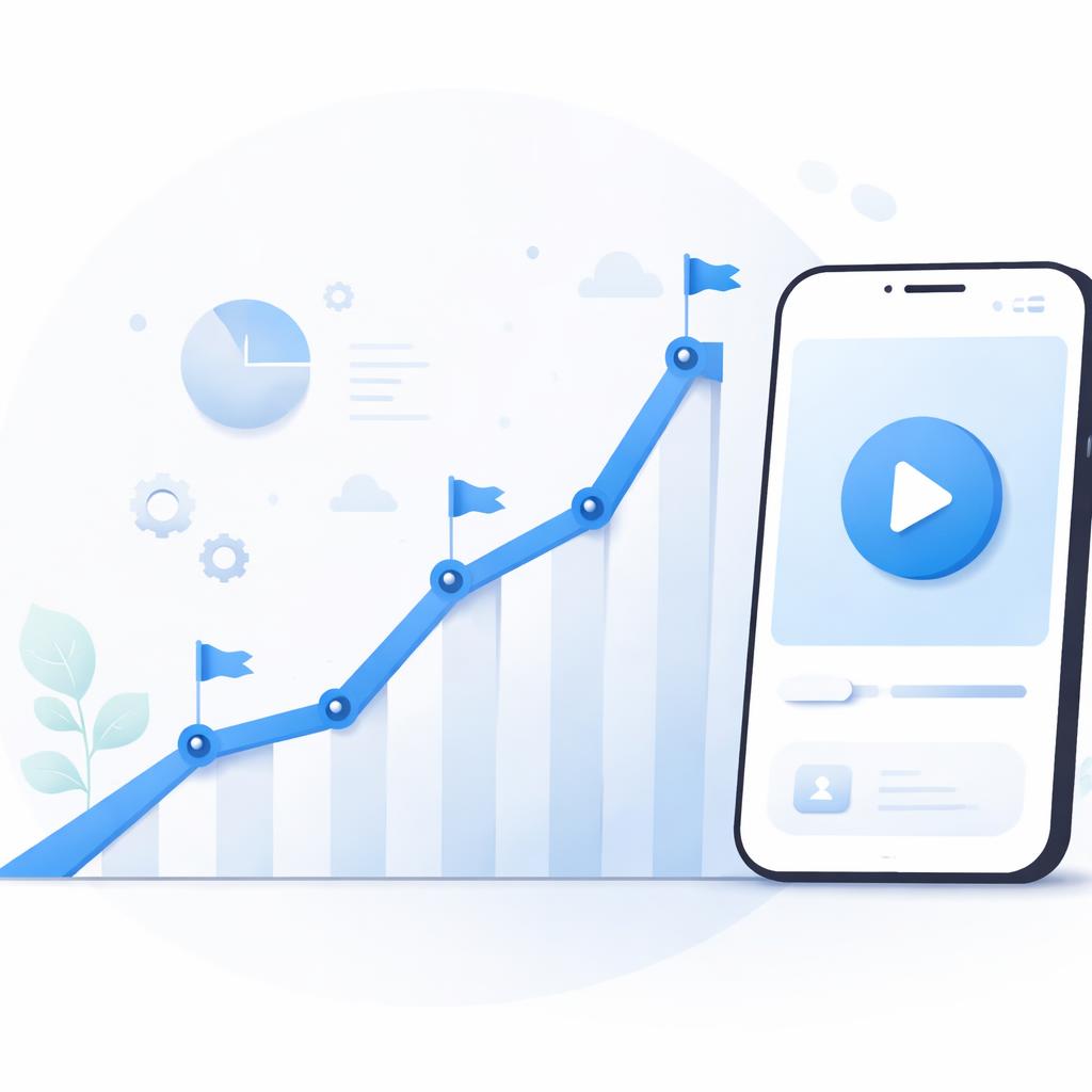 Scaling Shopify globally with multi-language video marketing A growth chart trending upwards with flag icons, next to a mobile phone.