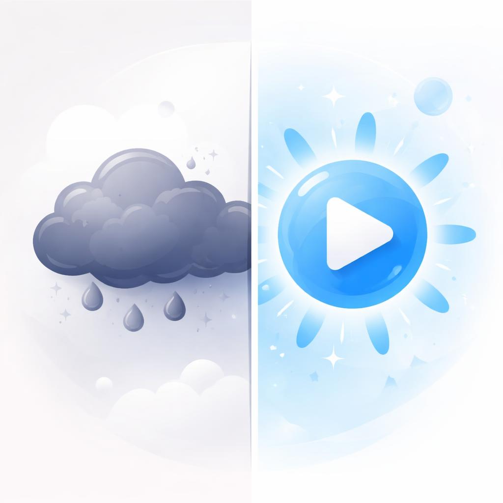 A split-screen illustration showing a grey cloud of customer problems transitioning into a bright blue sun representing an AI UGC solution