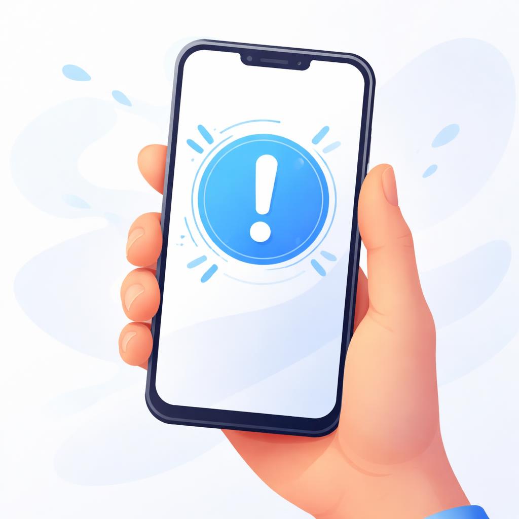 A hand holding a smartphone with a bright blue exclamation mark symbol representing a scroll-stopping negative hook