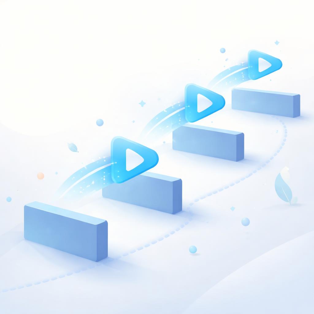 A conceptual illustration of a customer journey with hurdles being cleared by video play buttons