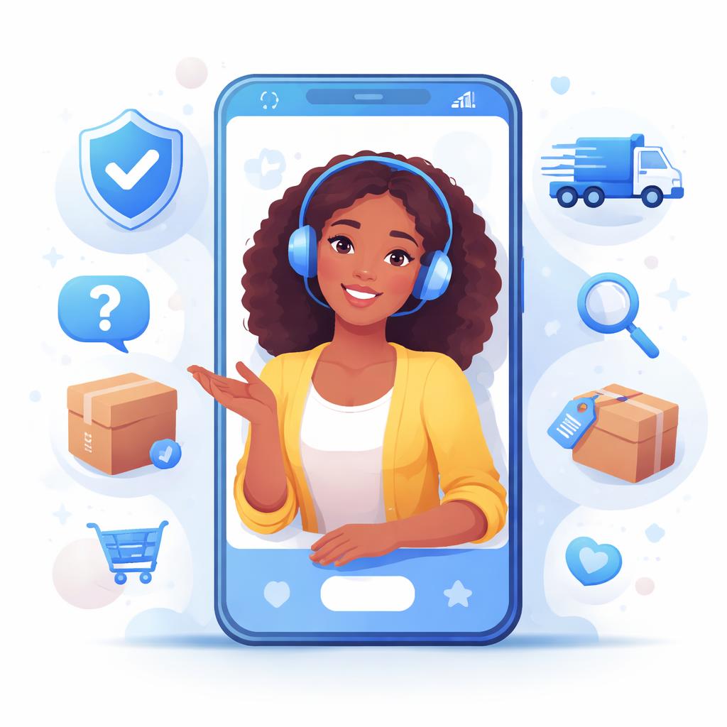 A diverse AI avatar addressing common e-commerce objections like trust and shipping.