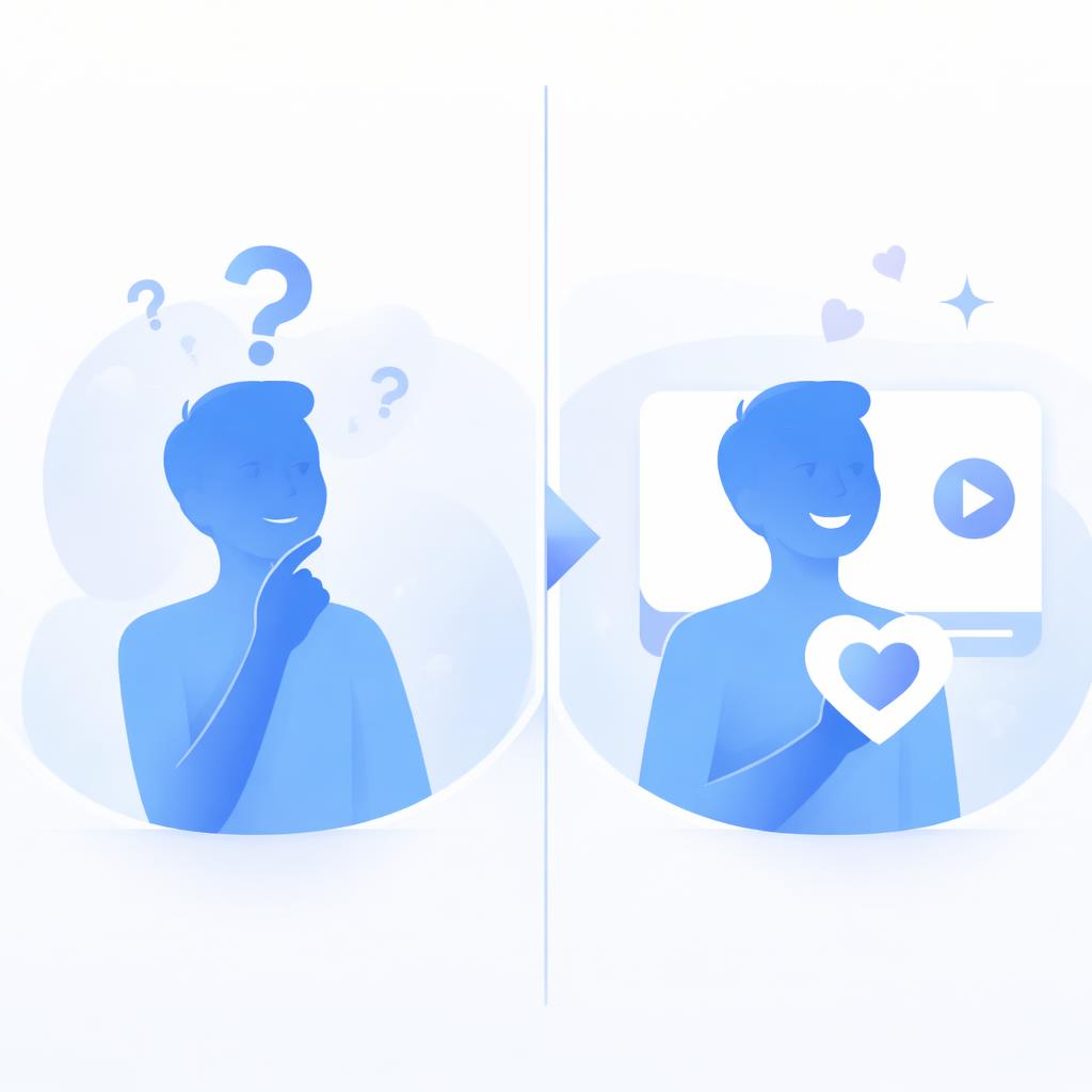 A customer hesitating before a purchase vs. smiling after watching a video