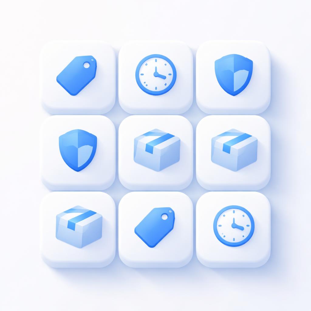An abstract matrix of icons representing price, shipping, quality, and trust
