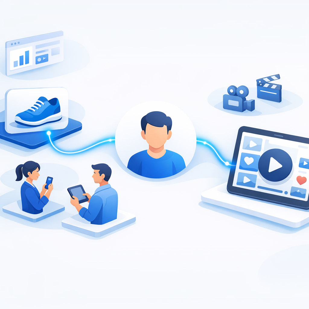 An isometric workflow showing a product turning into a video reel