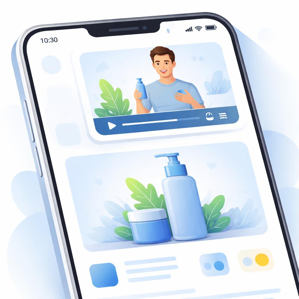 A mobile phone displaying a Shopify product page with an integrated AI UGC video.