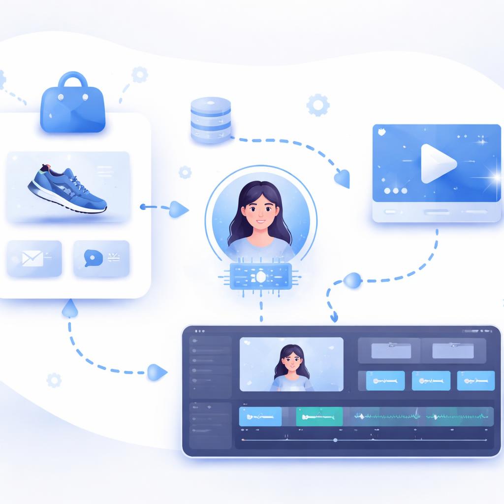 A workflow diagram showing how Shopify product data is transformed into a high-converting UGC video.