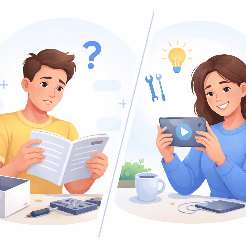Reducing Shopify returns with helpful video tutorials A split-screen illustration showing a confused customer vs a happy customer watching a video tutorial