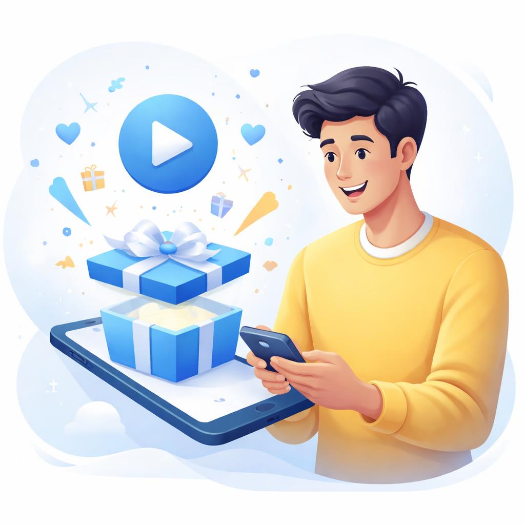A customer opening a digital gift box on their phone with a video play button