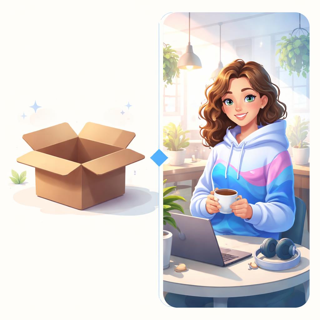 AI avatar wearing a custom hoodie in a cafe